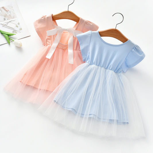 Pink and blue dresses, with white ribbon for girls
