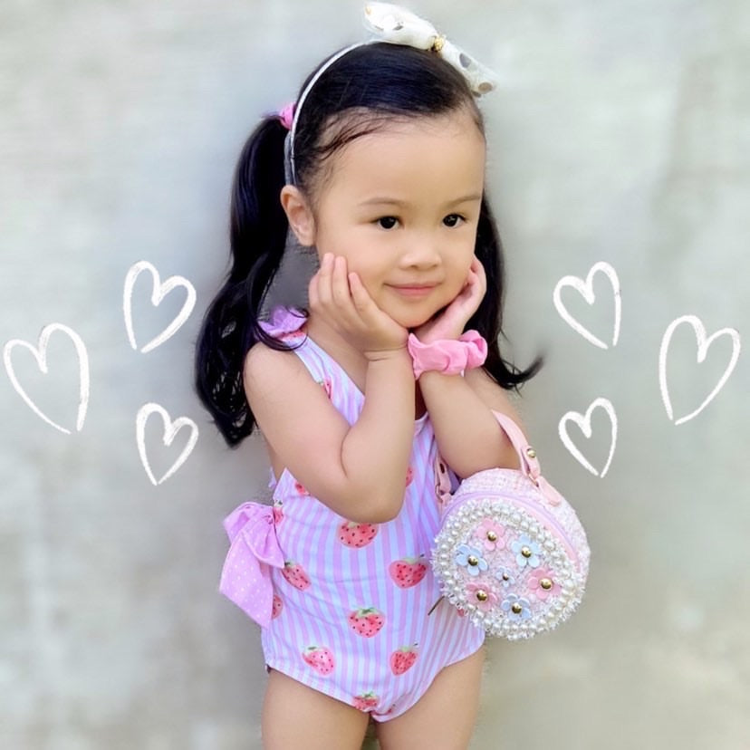 @karanadfamily pink strawberry striped toddler girl swimsuit